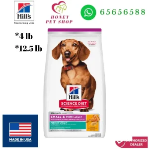Photo center is hills science diet perfect weight small n mini adult dog dry food chicken brown rice 4 lb and 12.5 lb at honey pet shop.The top of photo cotains hills icon,honey pet shop icon, whatsapp no 65656588 icon.Made in USA icon is shown in the bottom left of the photo.Authorized Dealer icon is shown in the bottom right of the photo.
