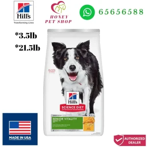 Photo center is hills science diet senior vitality adult 7+ dog dry food chicken 3.5lb lb and 21.5 lb at honey pet shop.The top of photo cotains hills icon,honey pet shop icon, whatsapp no 65656588 icon.Made in USA icon is shown in the bottom left of the photo.Authorized Deale icon is shown in the bottom right of the photo.