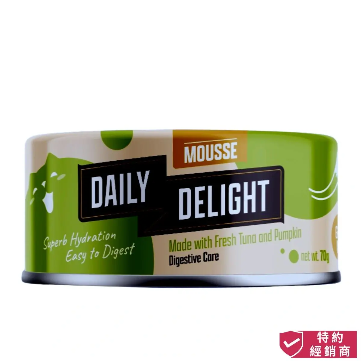 Photo of honey pet shop daily delight cat mousse fresh tuna and pumpkin.The photo cotains authorized dealer icon.