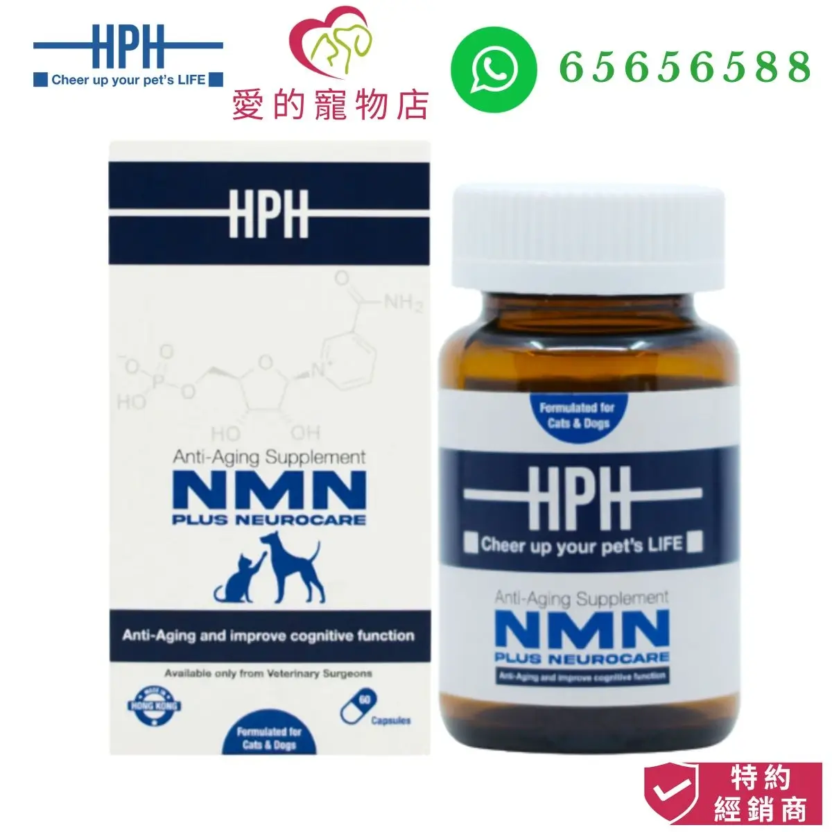 photo of Holistic Pet Health HPH NMN anti aging plus neurocare supplement for dog and cat at honey pet shop.The photo cotains Holistic Pet Health HPH icon,honey pet shop icon, whatsapp no 65656588 icon and authorized dealer icon